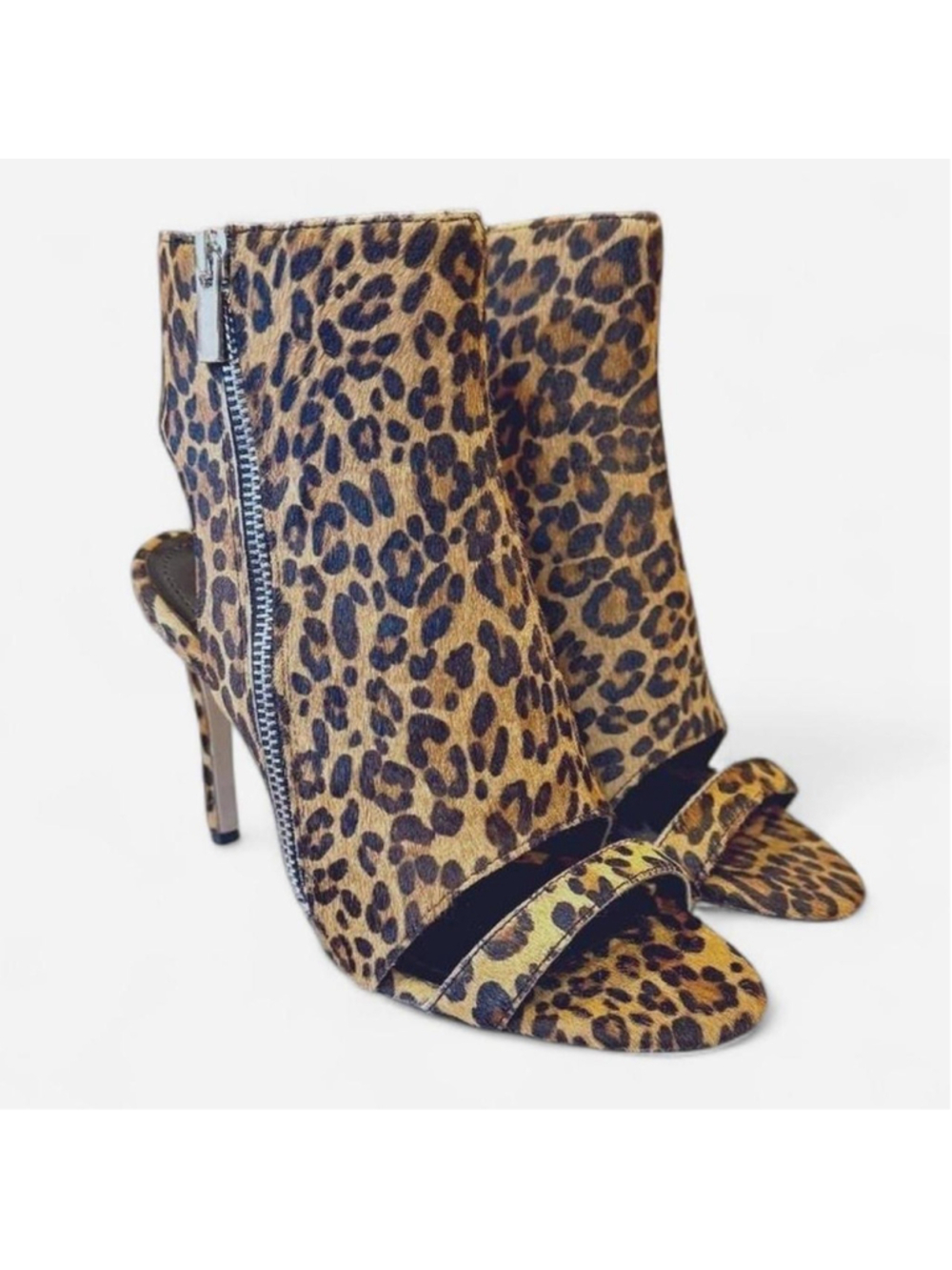 Charles David Crosser Calf Hair Leopard Print Open Toe Heels